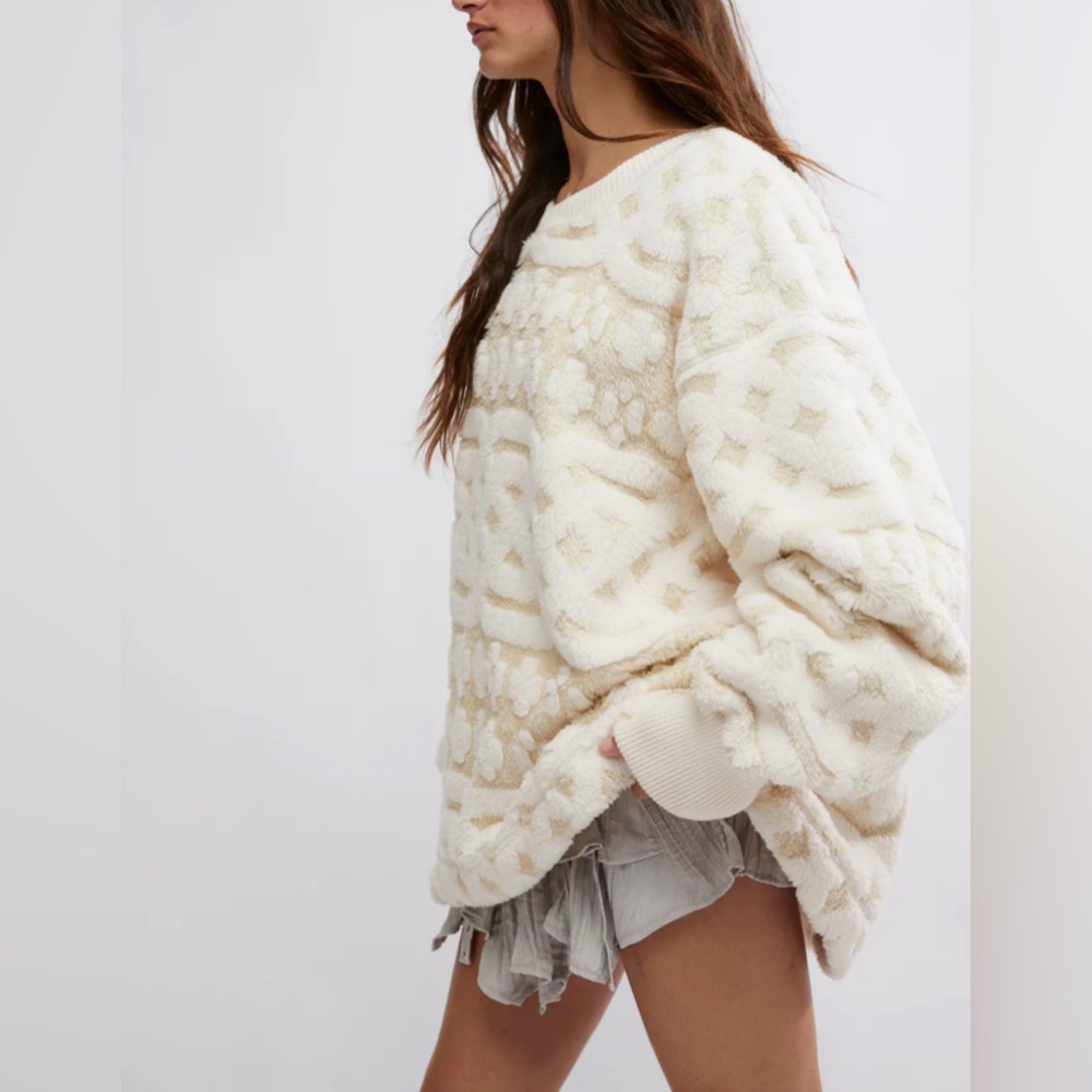 Free People Cream Textured Fleece Pullover Sweatshirt - Picture 2 of 5